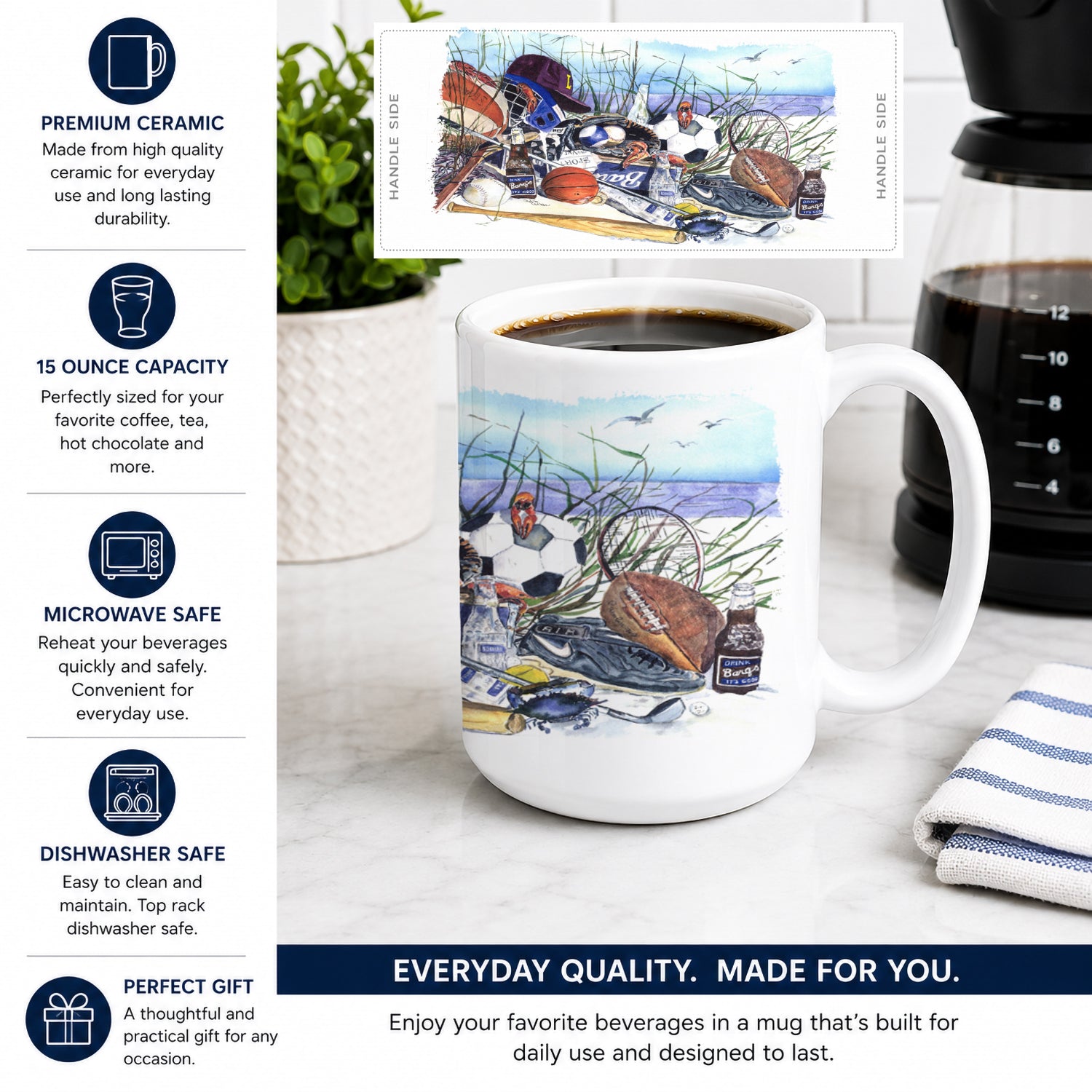 Sports on the Beach Ceramic Coffee Mug 15 oz Decorative Large C Handle Mug Cup for Tea, Cocoa Hot Chocolate