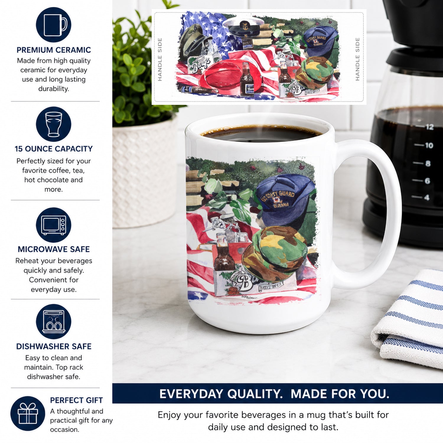 Barq's and Armed Forces Ceramic Coffee Mug 15 oz Decorative Large C Handle Mug Cup for Tea, Cocoa Hot Chocolate