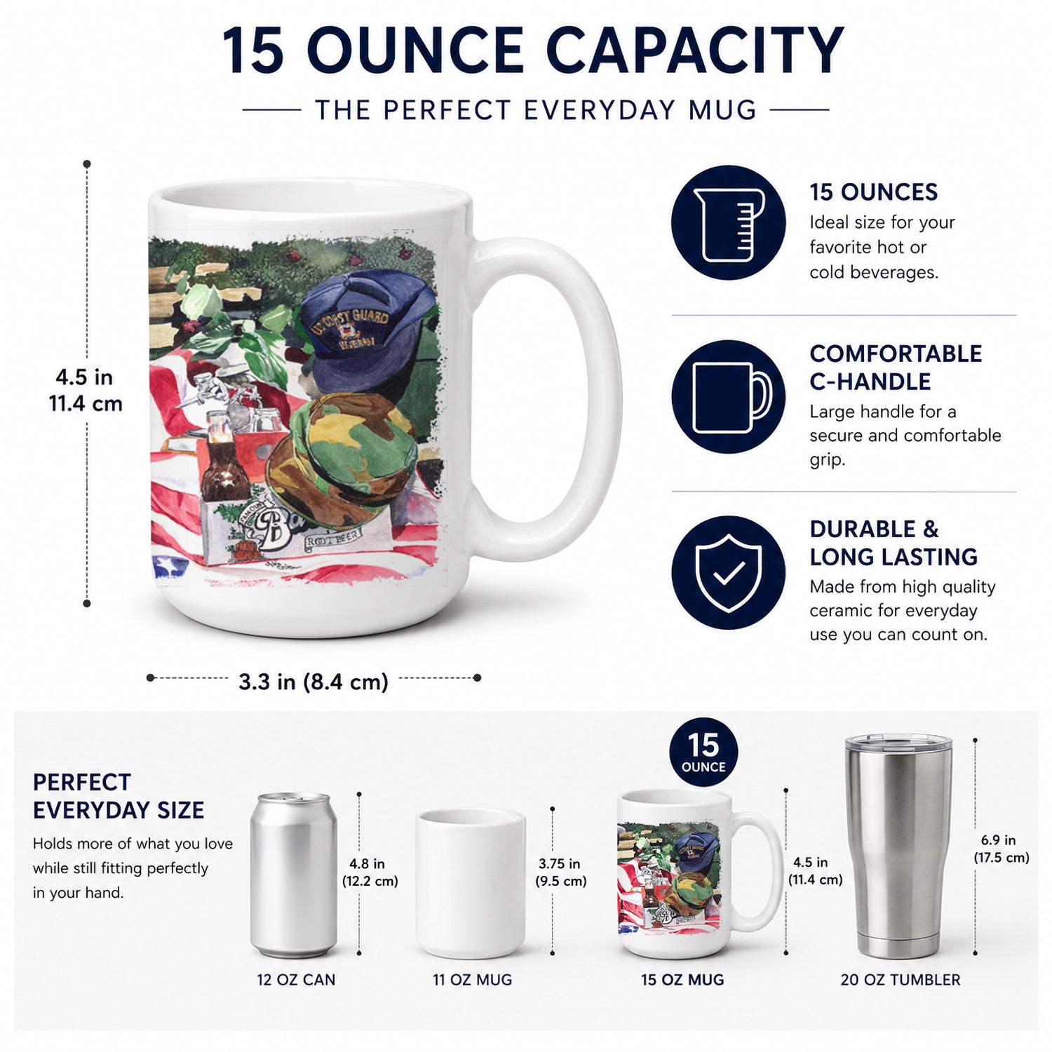 Barq's and Armed Forces Ceramic Coffee Mug 15 oz Decorative Large C Handle Mug Cup for Tea, Cocoa Hot Chocolate