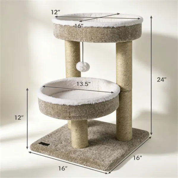24 Inch Compact Cat Tree With 2 Plush Perches, Jute Rope Scratching Posts & Hanging Toy Ball, Stable Small Cat Tower For