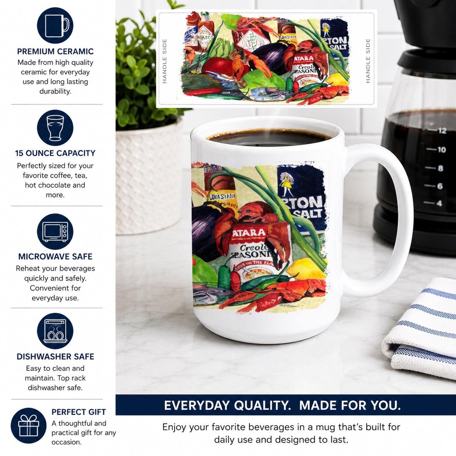 Spices and Crawfish Ceramic Coffee Mug 15 oz Decorative Large C Handle Mug Cup for Tea, Cocoa Hot Chocolate