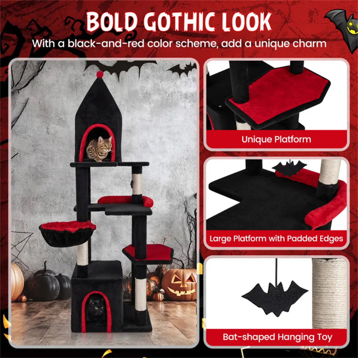 Gothic 5-Level Cat Tree 63" Tall with Sisal Scratching Posts Black Red Cat Tower
