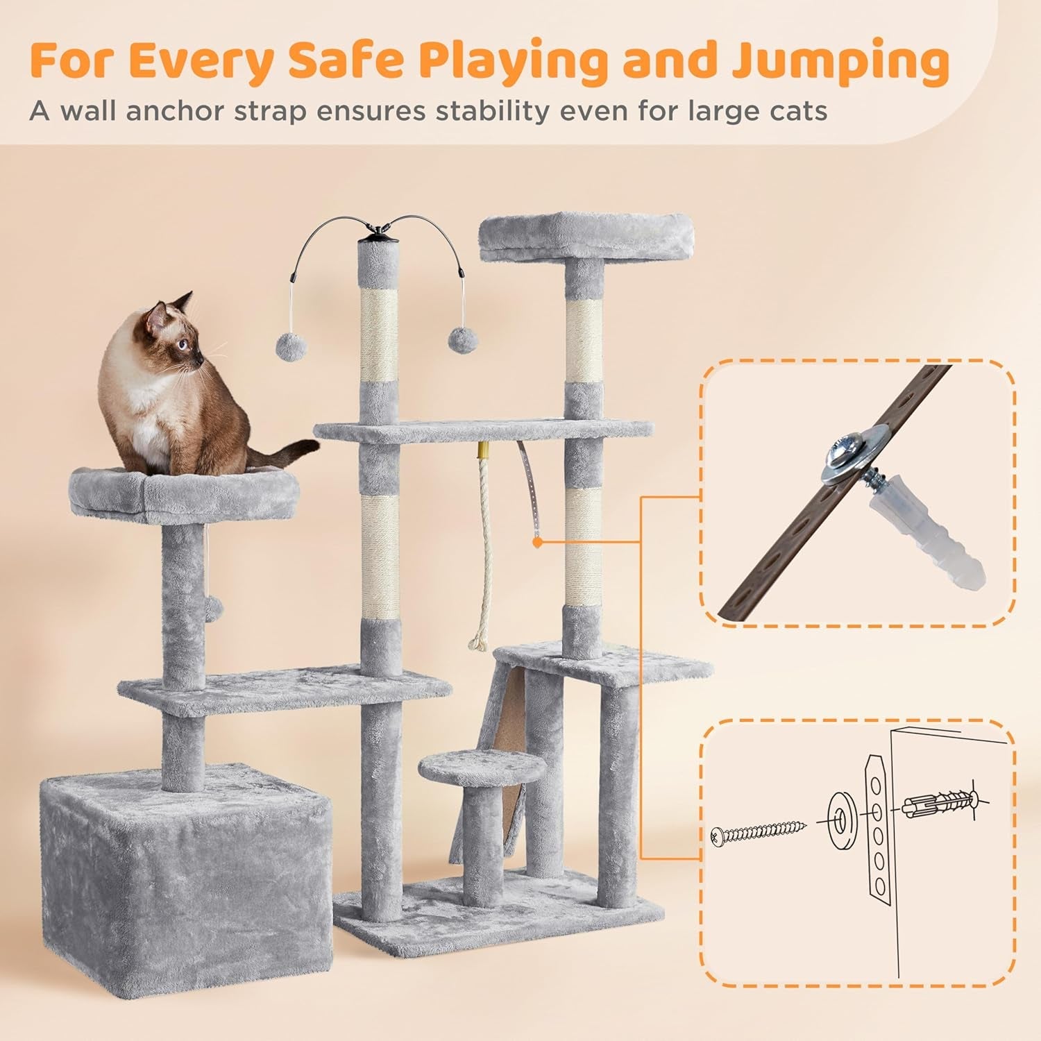 Ultimate 53.5-Inch Rotatable Cat Tree: Multi-Level Playground for Kittens and Large Cats with Cozy Condo and Scratching Posts in Light Gray - BIG FRENCHIES