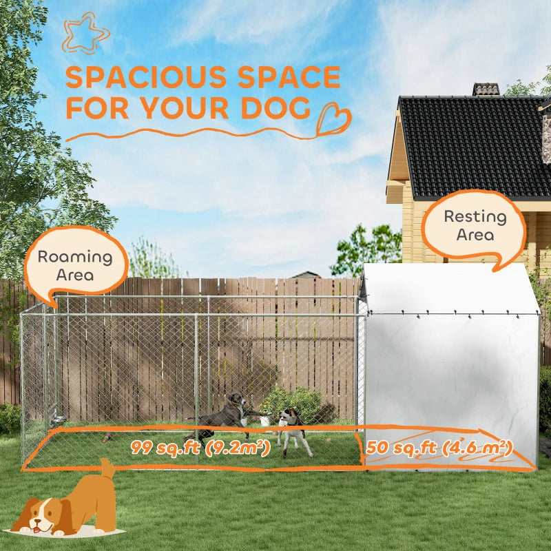 Galvanized Chain Link Large Outdoor Dog Kennel With Waterproof & UV-Resistant Cover, For M&L Dogs, 19.7' X 7.5' X 7.5',M