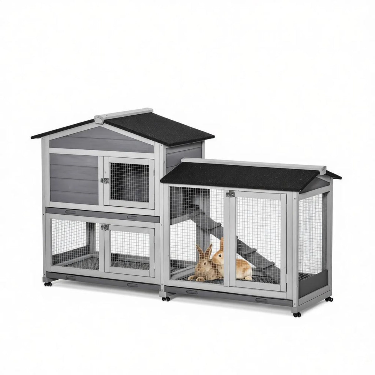 62 Inch Indoor Outdoor Wooden Rabbit Hutch with Wheels Run Box Slide-out Tray and Ramp