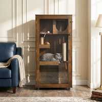 Basia Indoor Rubber Wood Cat Cabinet with Wheels, Ventilated Indoor Cat Condo with Multi-Level Shelves & Lockable Door, 