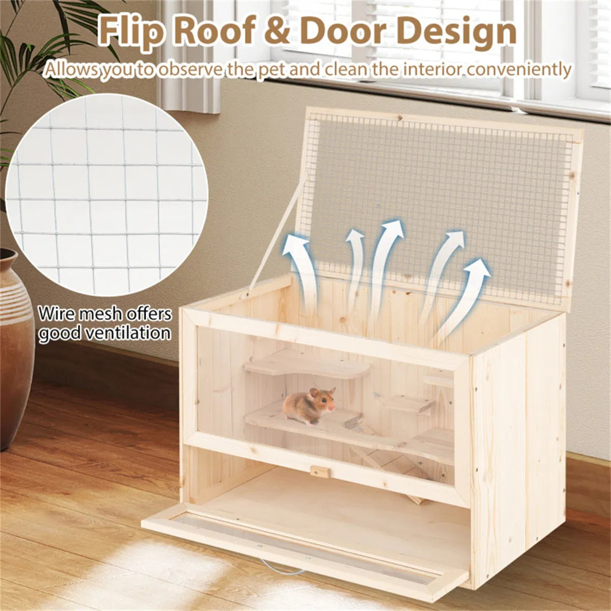 Fir Wood Hamster Cage with Flip Roof, Multi-Ladder Activity Areas for Guinea Pigs Hedgehogs