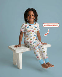 Construction Vehicles Custom Name Bamboo Two Piece Short Sleeve Pajama Set