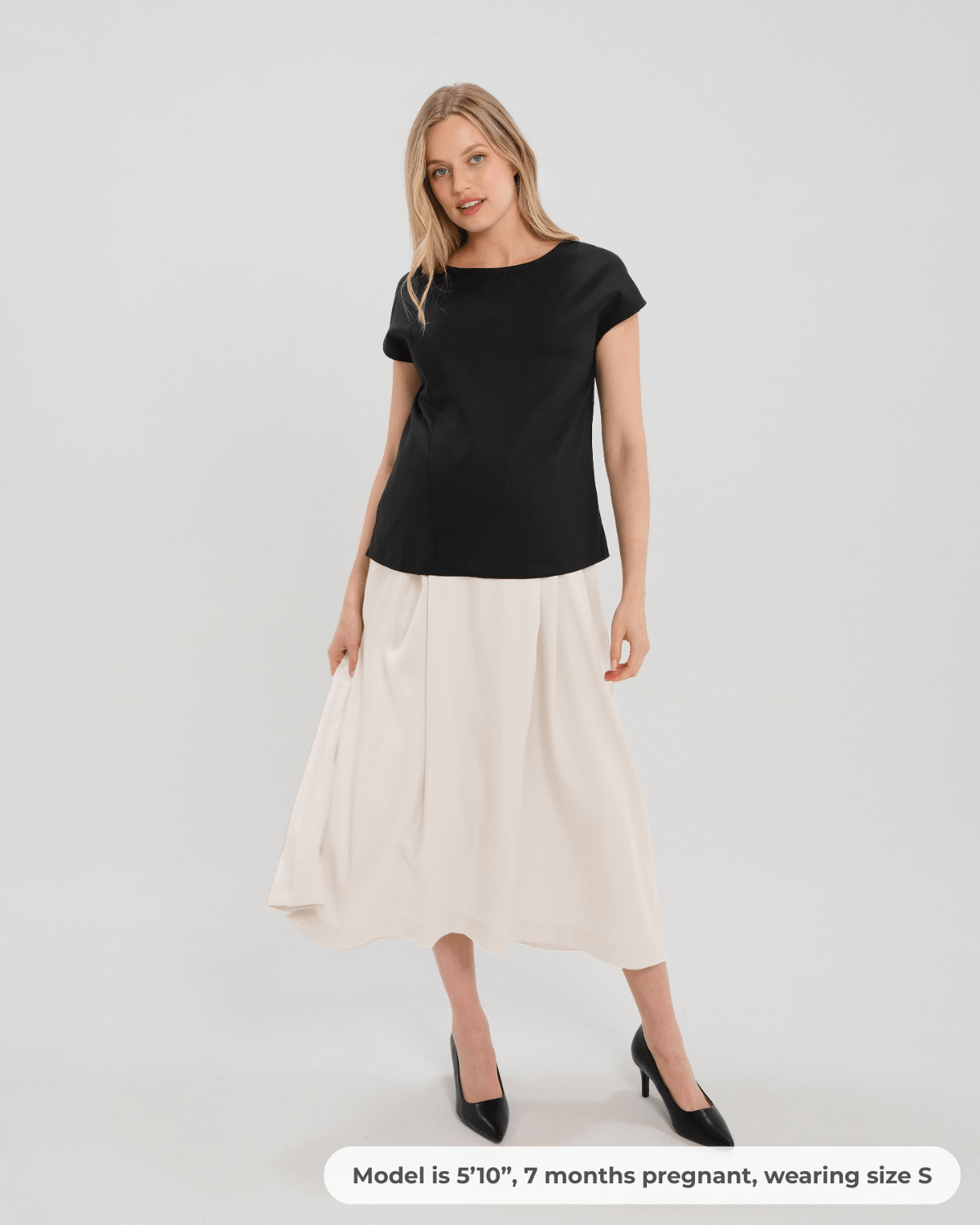 Over-Under Bump Pleated Maternity Maxi Skirt in Cream Satin - BIG FRENCHIES