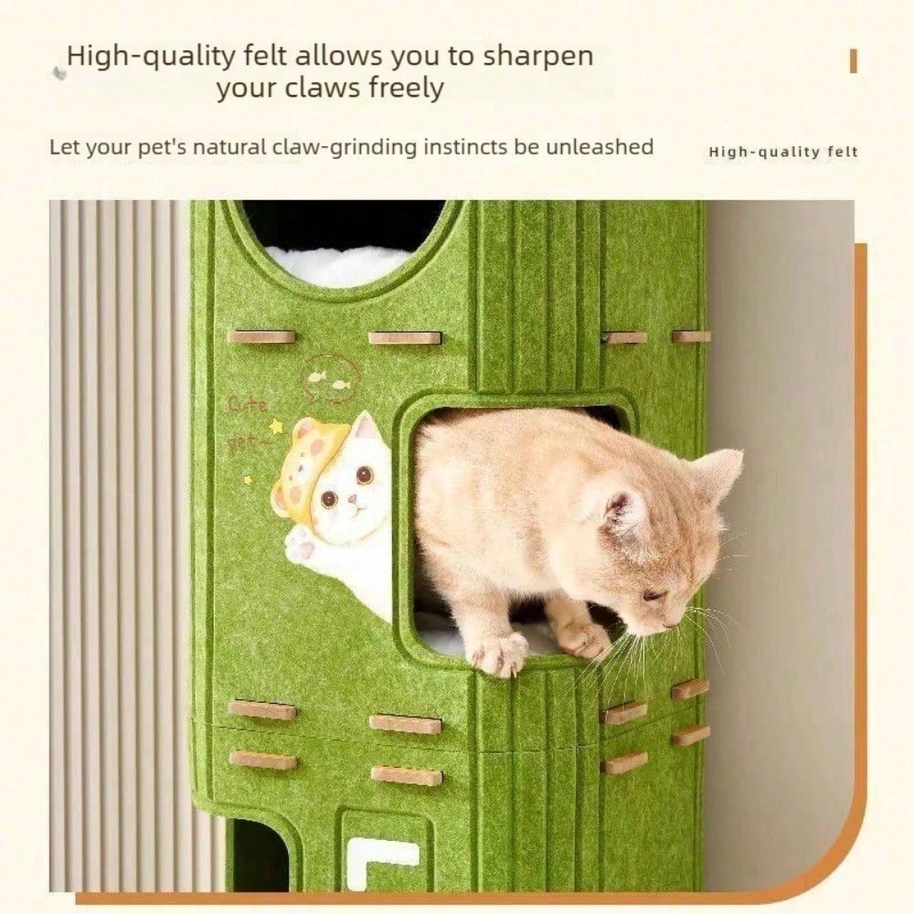 Multi Level Felt Cat Tree House, Vertical Cat Scratcher Tower With Multiple Hideaway Nests, Interactive Hanging Ball Toy
