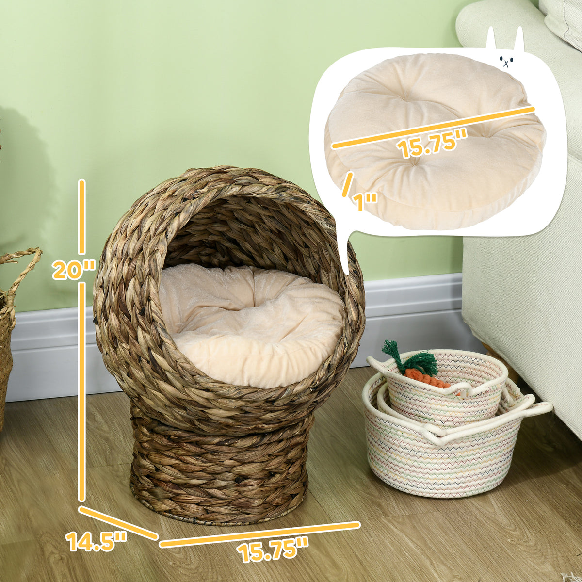 Handwoven Elevated Cat Bed with Soft Cushion & Egg Chair Shape, Basket Bed Kitty House with Stand, Raised Wicker House f