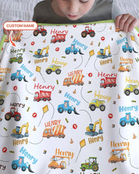 Construction Vehicles Custom Name Bamboo Blanket