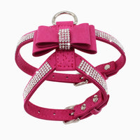 Suede Dog Harness & Leash Set – Rhinestone Bow, Soft & Elegant