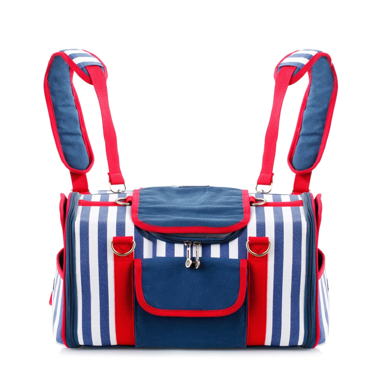 Striped Pet Carrier Bag Canvas Travel Tote with Breathable Mesh
