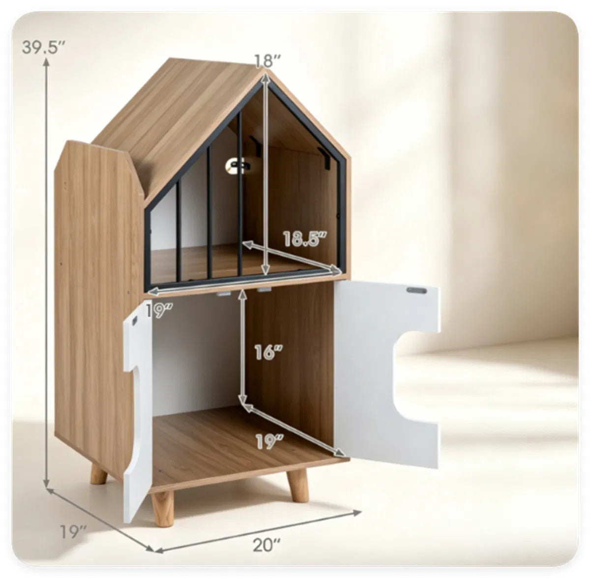 Natural & White Hidden Cat Litter Box Furniture, Elevated Cat Lounge Top Enclosed Cat Washroom Cabinet with Raised Legs 