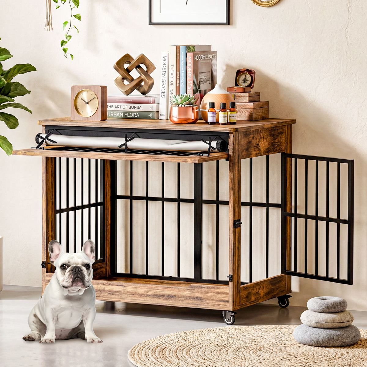 38in Dog Crate Furniture, Double Door Wooden Indoor Dog Kennel Furniture, Decorative Pet Cage End Table With Wheels For 