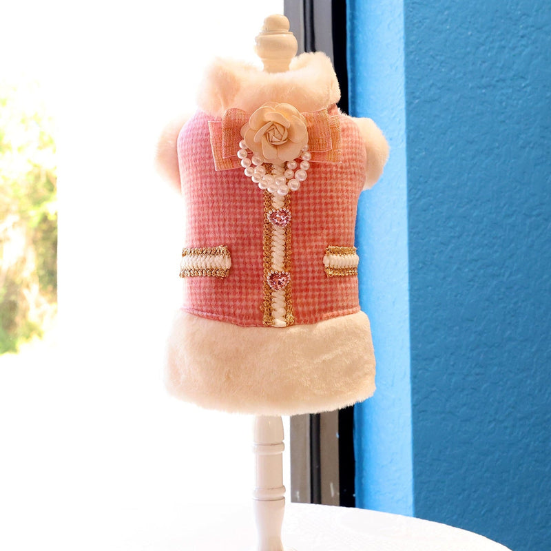 Pink Tweed Pearl Dog Coat Vest with Faux Fur Trim-Pet Apparel-BIG FRENCHIES-Jane's Pet Boutique