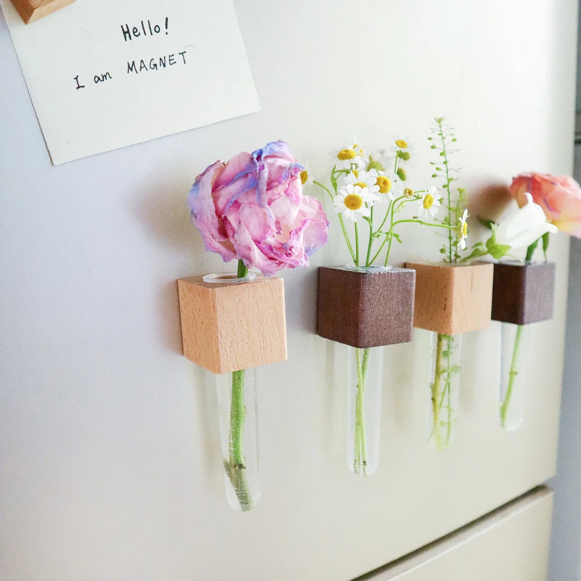 Mini Vase Magnets – Set of 2 – Beech & Walnut Wood – Decorative Fridge Magnets for Small Flowers or Greenery - BIG FRENCHIES