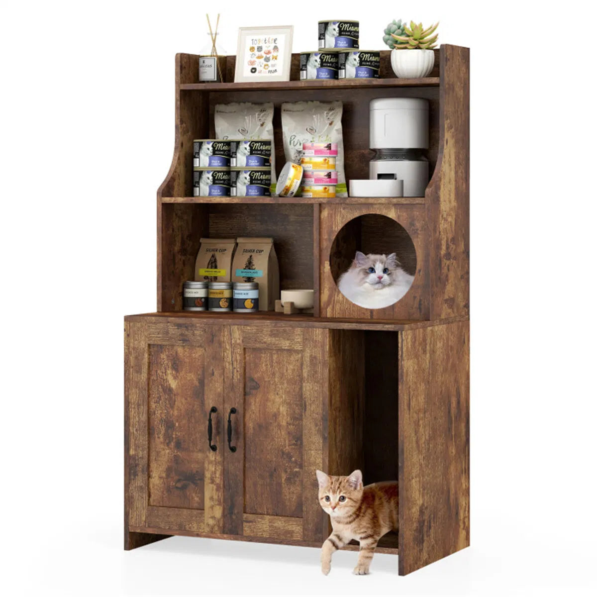Wooden Hidden Cat Litter Box Enclosure with Storage Shelves Anti-Toppling Design Industrial Style Brown