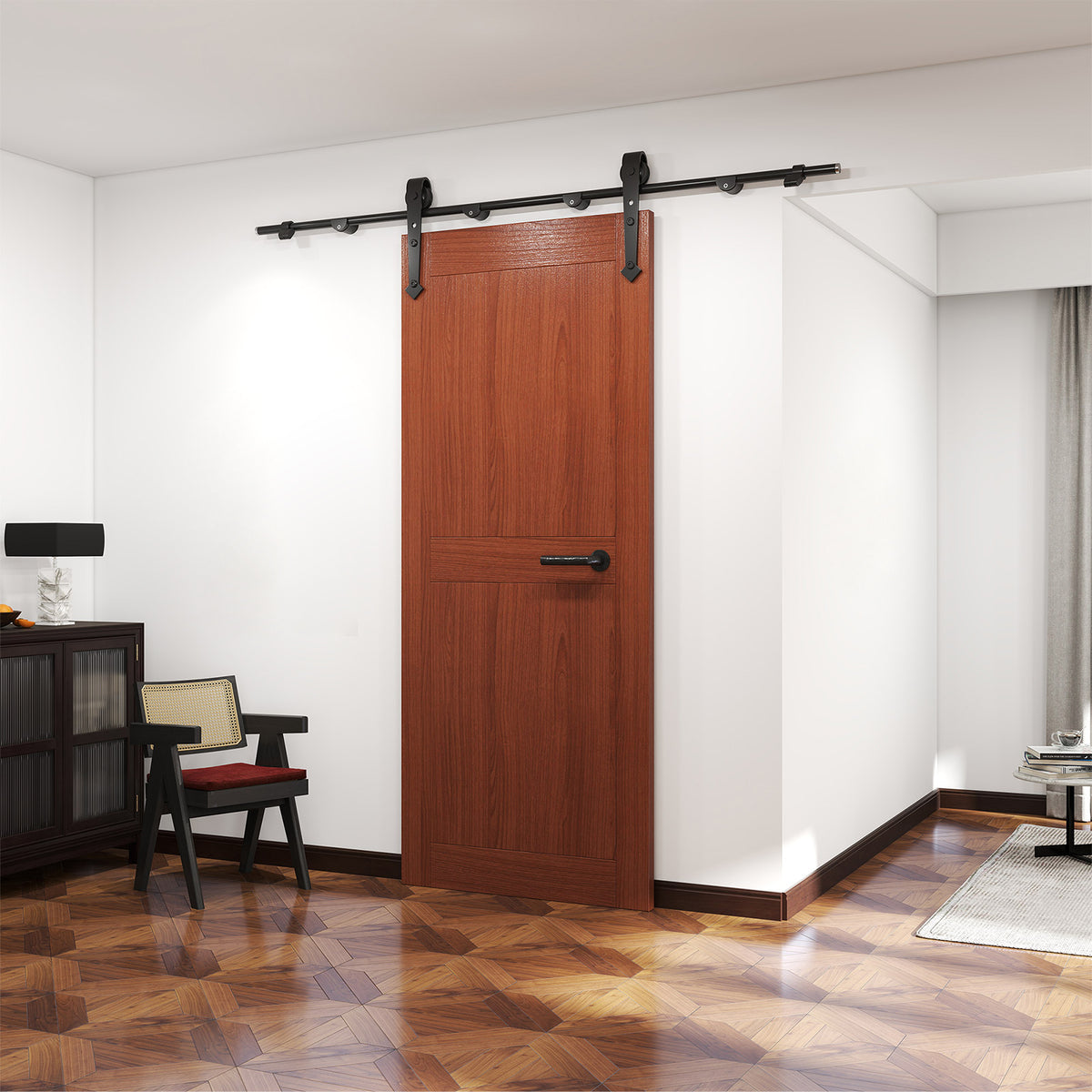 6FT Barn Door Hardware Kit Heavy Duty Sliding Door Track Kit With Floor Guide For Interior Exterior Fit 30-32in Wide Pan