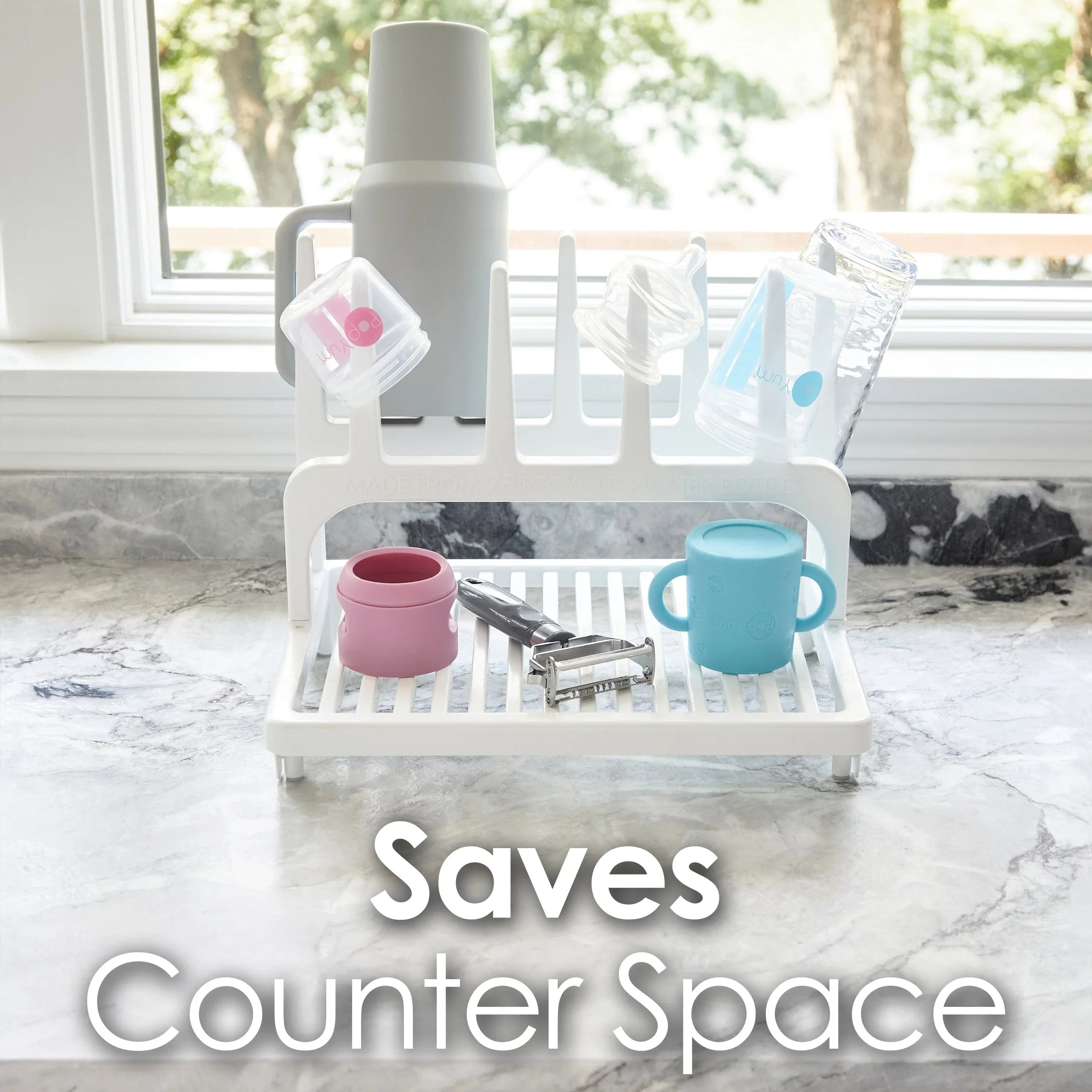 PopYum Glacier White Space Saving Drying Rack from 100% Recycled Bottles, countertop for Baby Bottles, Plastic Bags, Cups, Glass, tumblers, Compact - BIG FRENCHIES