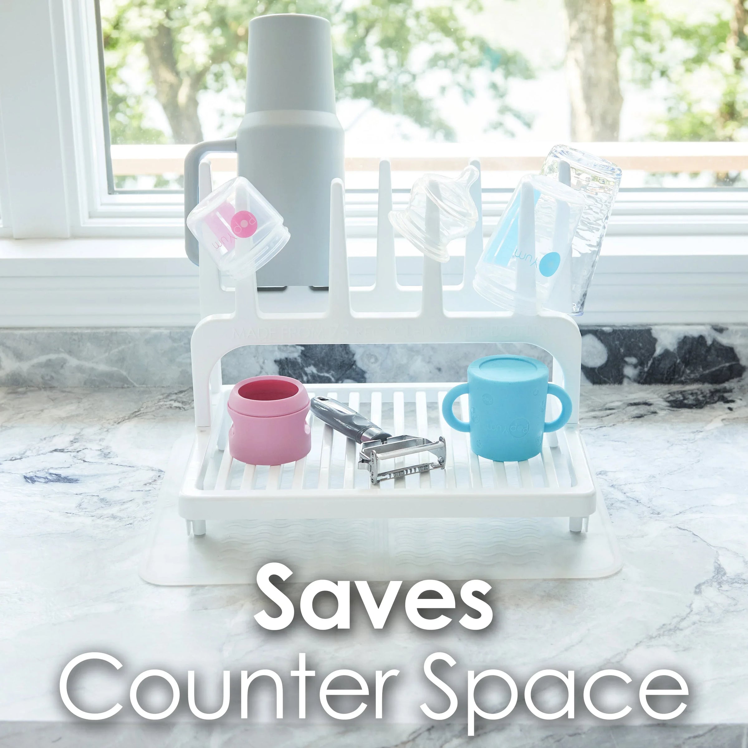 PopYum Glacier White Drying Rack from 100% Recycled Bottles with Silicone Drying Mat, countertop for Baby Bottles, Plastic Bags, Cups, Compact - BIG FRENCHIES