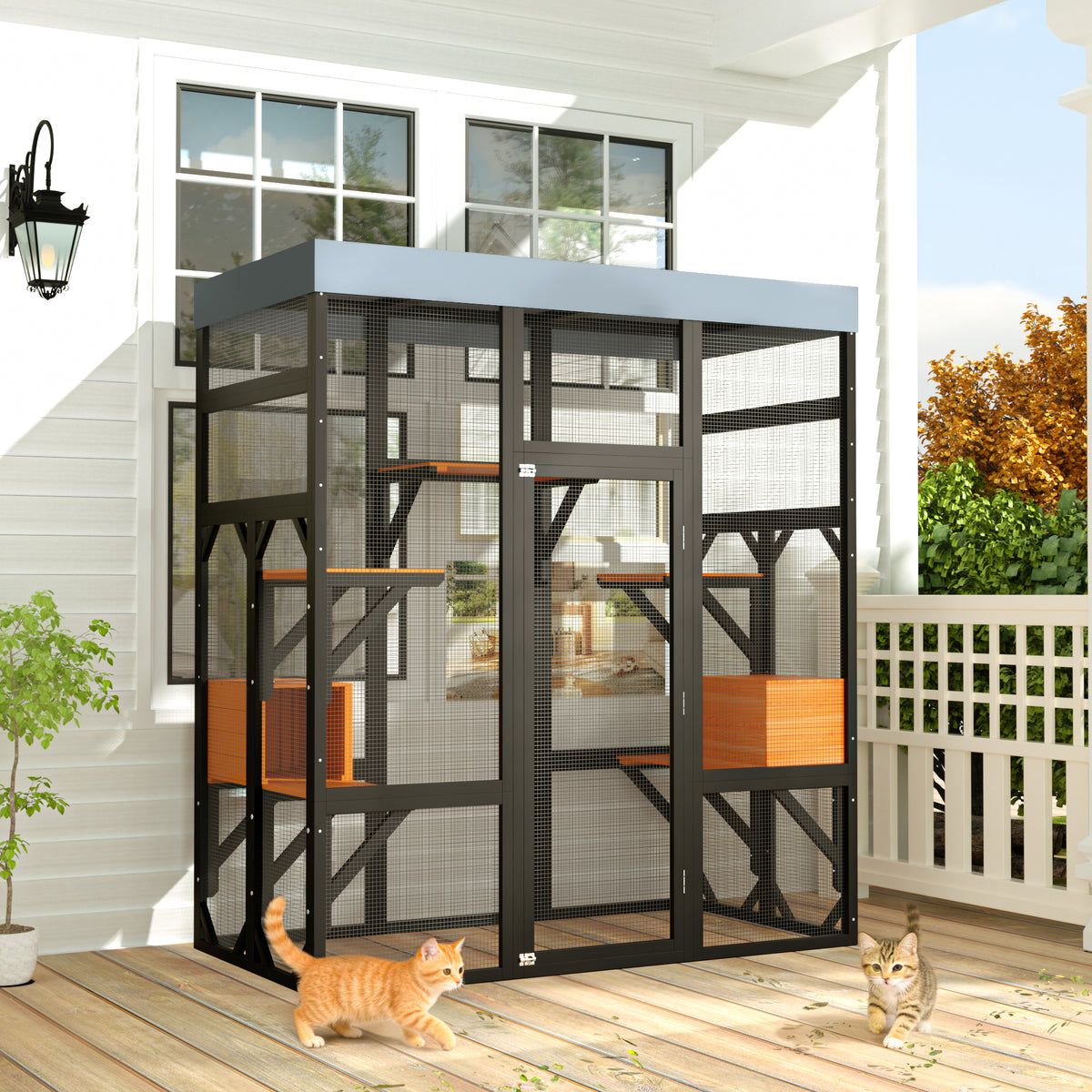 Large Outdoor Cat Enclosure Catio with 5 Platforms & 2 Napping Houses, Secure Metal Wire, Easy Assembly for Indoor & Out
