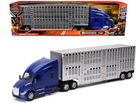 Kenworth T680 Truck Blue Metallic with Livestock Trailer Chrome "Long Haul Trucker" Series 1/32 Diecast Model by New Ray