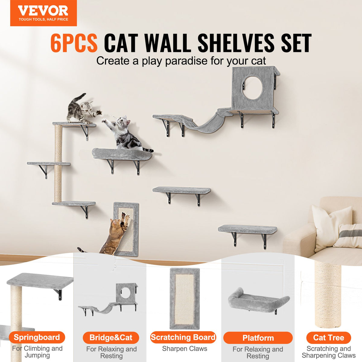 Wall Mounted Cat Shelves Tree With Jump Boards Hammock Sofa Grip Set Of 6