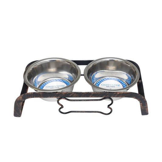 Country Living Rustic Dog Bone Elevated Feeder with 2 Stainless Steel Bowls - BIG FRENCHIES