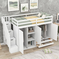 Functional Loft Bed with 3 Shelves, 2 Wardrobes and 2 Drawers, Ladder with Storage, No Box Spring Needed, White