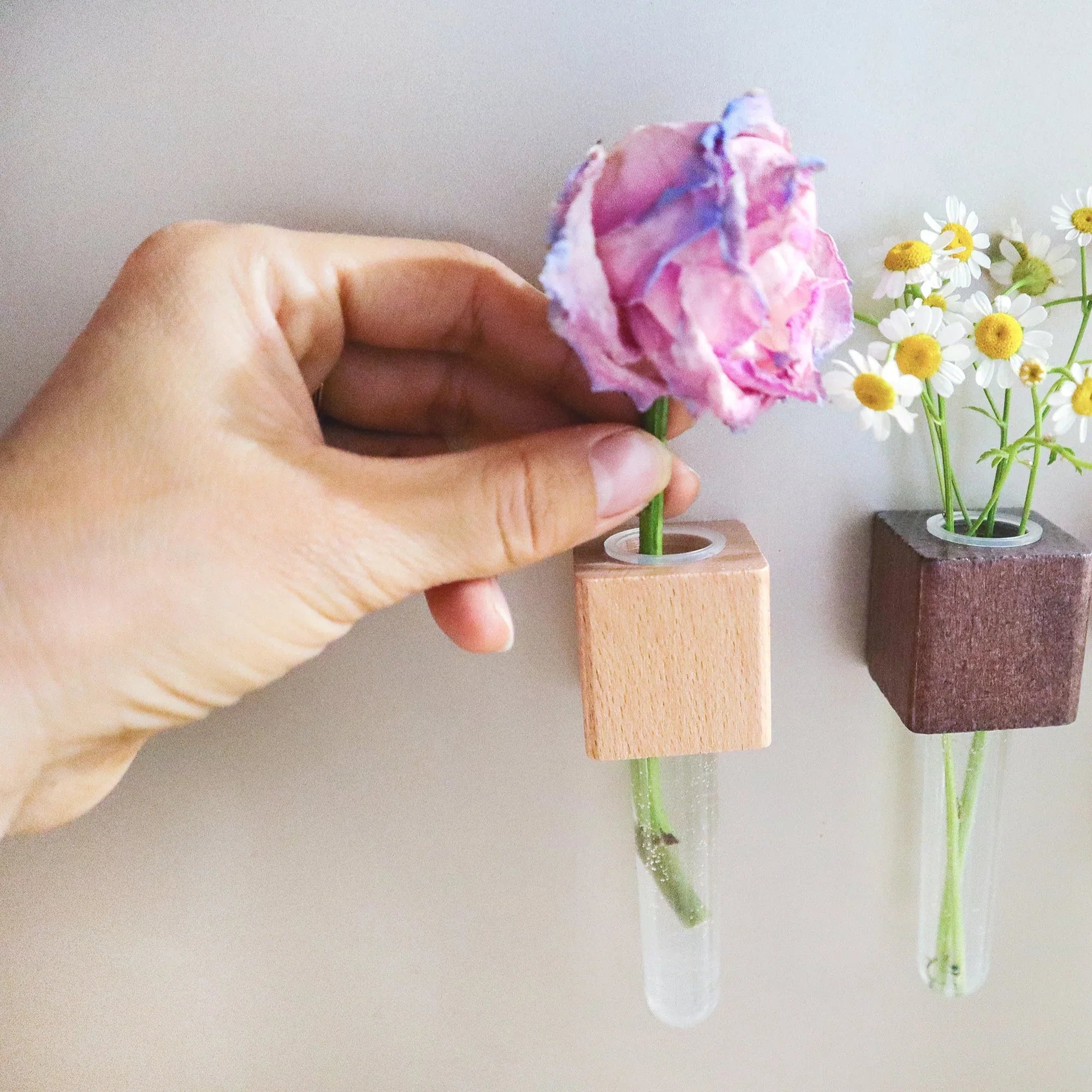 Mini Vase Magnets – Set of 2 – Beech & Walnut Wood – Decorative Fridge Magnets for Small Flowers or Greenery - BIG FRENCHIES