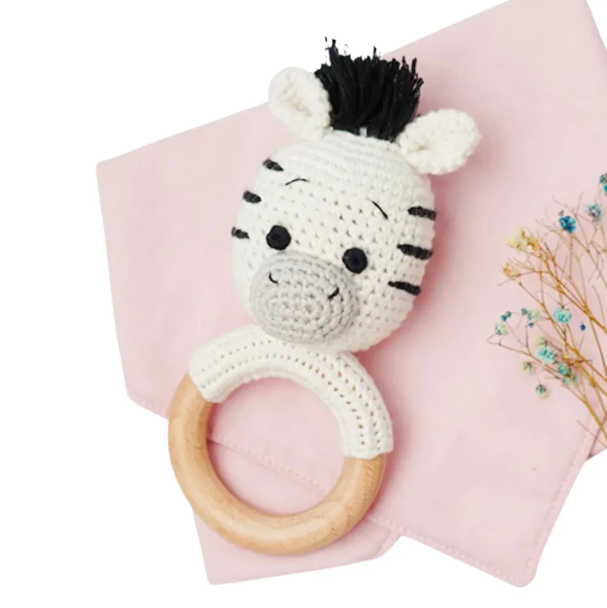 Handmade Organic Cotton Rattle Ring Teether · Zebra Design · Black and Grey with White Body Color - BIG FRENCHIES