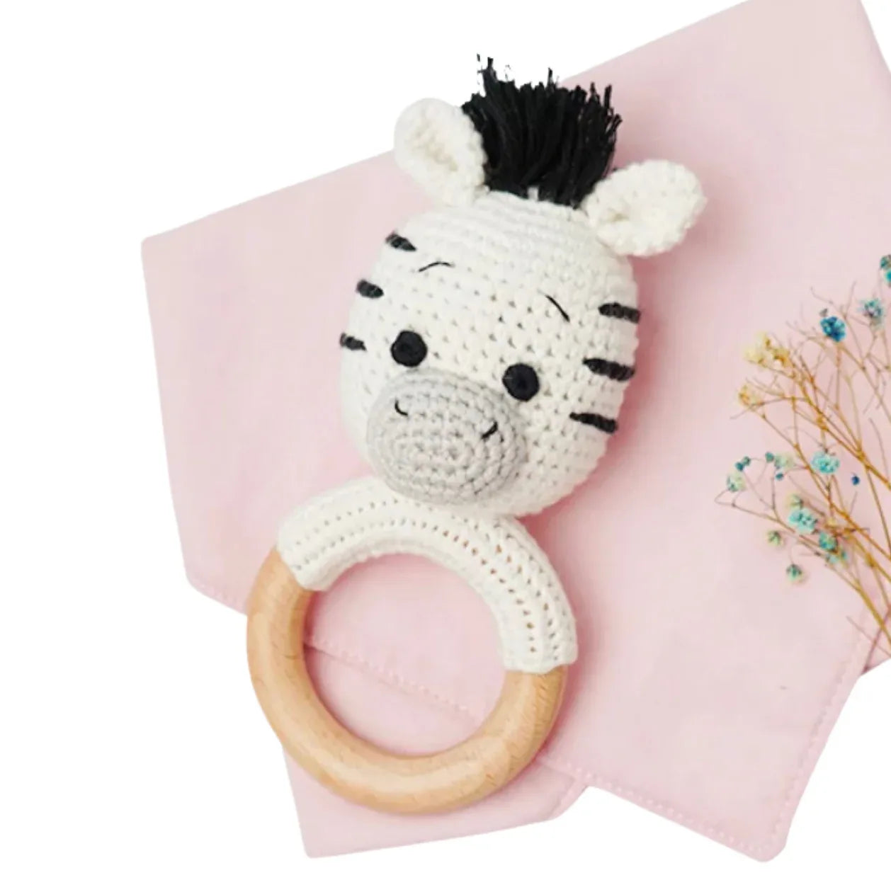 Handmade Organic Cotton Rattle Ring Teether · Zebra Design · Black and Grey with White Body Color - BIG FRENCHIES