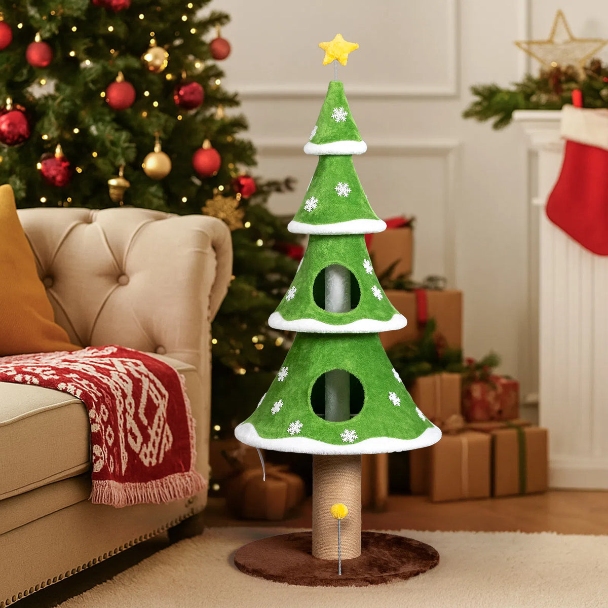 59in Large Tall Christmas Tree Cat Tower with 2 Cat Condos & Scratching Post, Soft Fleece Cat Tree with Teaser Toy & Stu