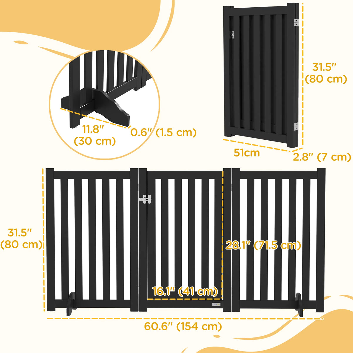 3-Panel Foldable Dog Gate with Feet for Medium Dogs and Below, Black