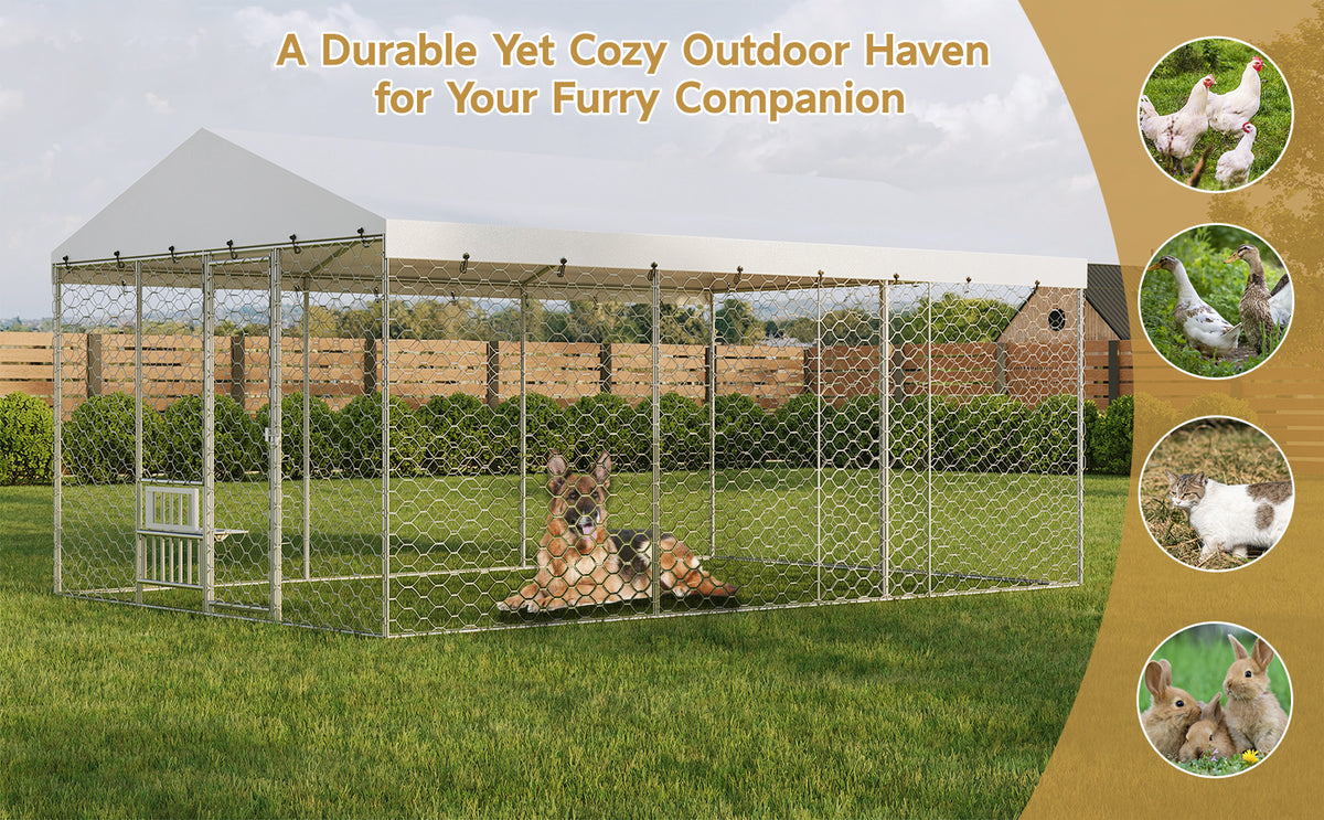 15x10 FT Large Outdoor Dog Kennel with Canopy, Heavy Duty Galvanized Steel Frame, Waterproof Cover, Built-in Elevated Fe