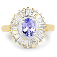 14K Yellow Gold Plated 2.16 Carat Genuine Tanzanite & White Topaz .925 Sterling Silver Ring