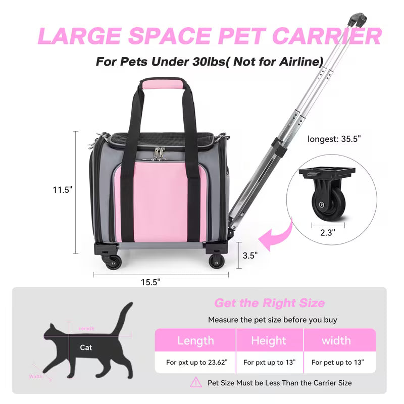 Pink Expandable Rolling Pet Carrier with Detachable Wheelbase – Airline Approved Soft-Sided Travel Bag for Dogs & Cats Under 25 lbs