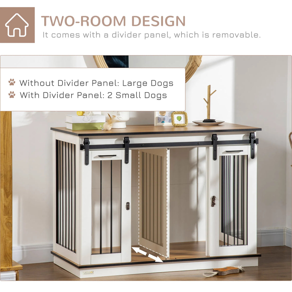 47in Dog Crate Furniture with Divider Panel, Wooden Dog Kennel TV Stand for Large Breeds, Pet House Side Table for 2 Sma