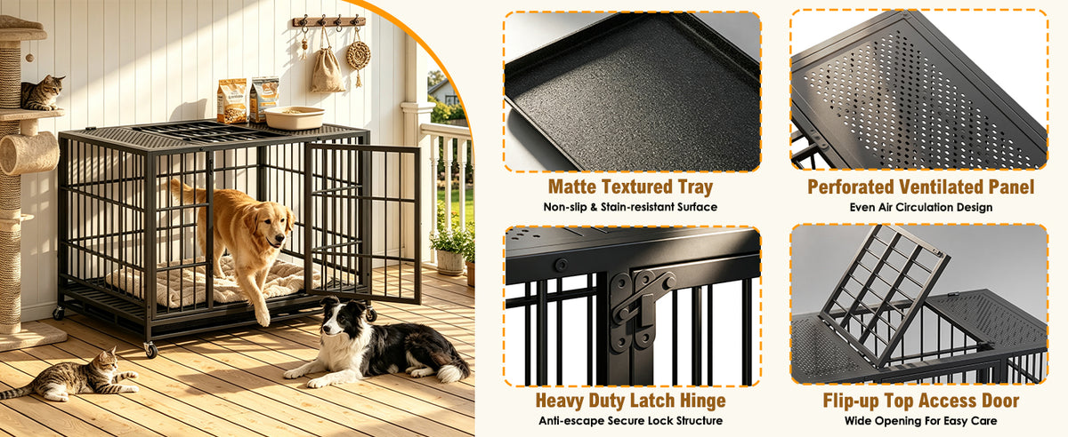 Heavy Duty Dog Crate , Mobile Pet Kennel with Lockable Wheels & Rotary Twist-Latch, Indoor Outdoor Metal Cage with Perfo