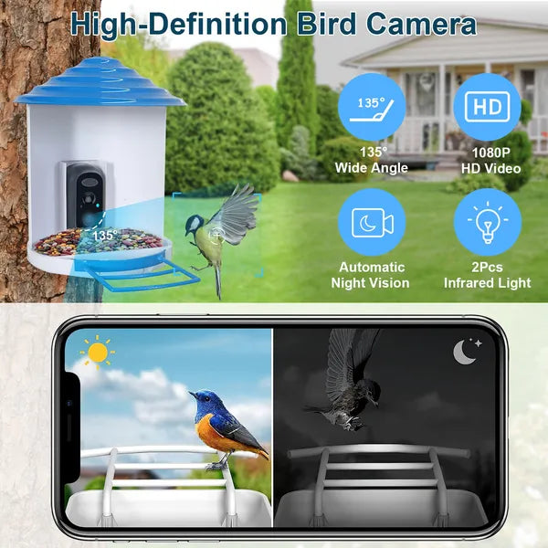 Smart Bird Feeder With Solar Powered Camera 1080P HD AI Identify PIR Motion Auto Capture Video Cloud Card Storage WiFi C