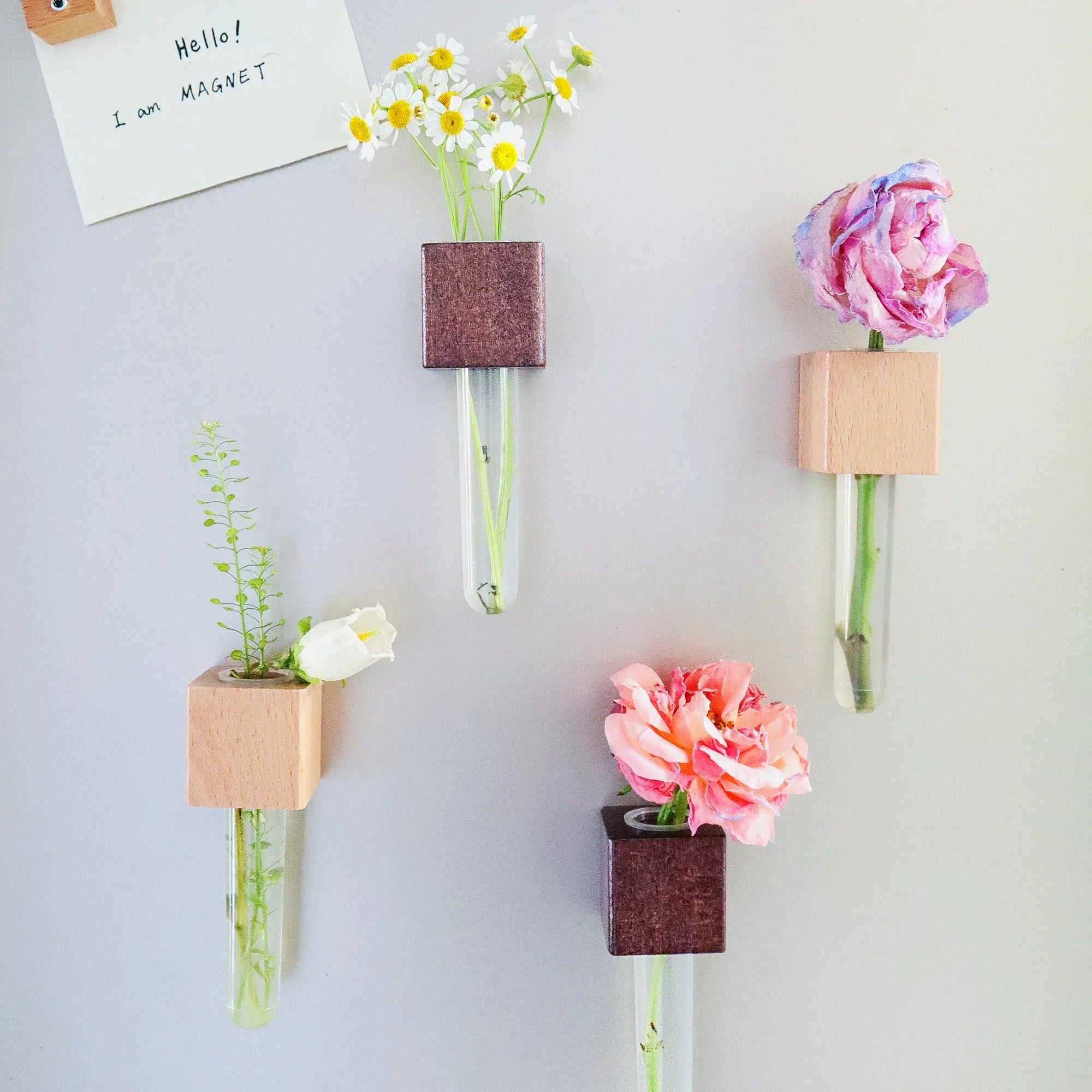 Mini Vase Magnets – Set of 2 – Beech & Walnut Wood – Decorative Fridge Magnets for Small Flowers or Greenery - BIG FRENCHIES