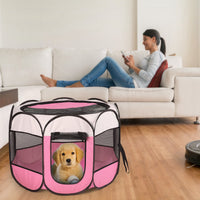 Pink-Blue Options -- 1Pc Portable Foldable Pet Tent Exercise Pen Kennel Removable Zipper Top And Bottom Water Resistant 