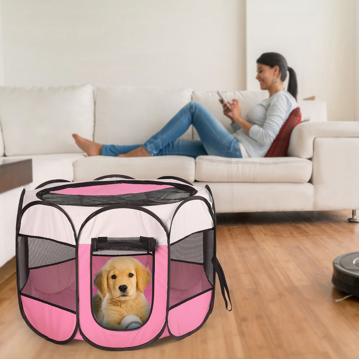 Pink-Blue Options -- 1Pc Portable Foldable Pet Tent Exercise Pen Kennel Removable Zipper Top And Bottom Water Resistant 