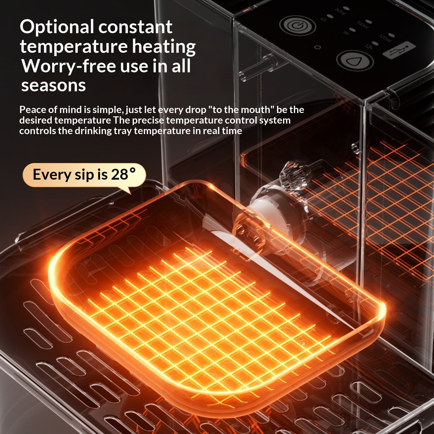 Thermostatically Controlled Plug-Free Pet Water Fountain With Automatic Tilting Feature Flowing Water