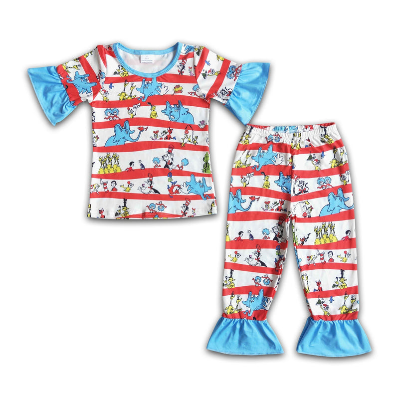 Blue cat ruffle short sleeve baby girls pajamas - BIG FRENCHIES