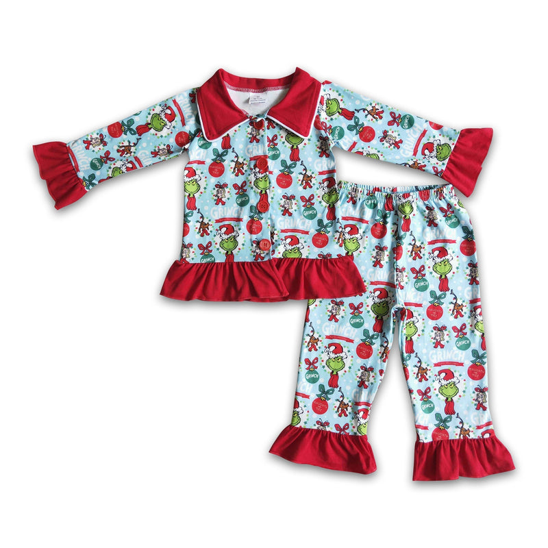 Blue green face print long sleeve Chrismtas pajamas - BIG FRENCHIES