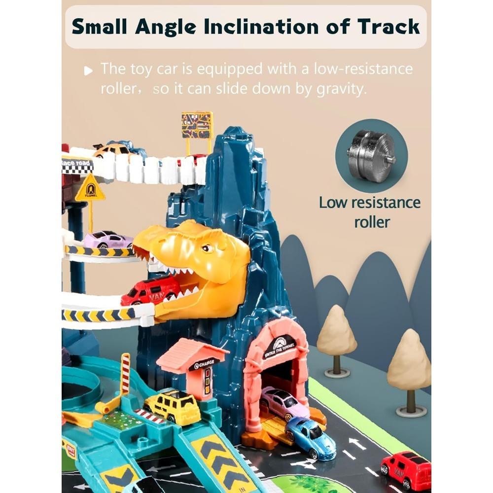 Dinosaur Mountain Adventure Track Toy Set Includes Roller Coaster, Mini Car, And Screwdriver