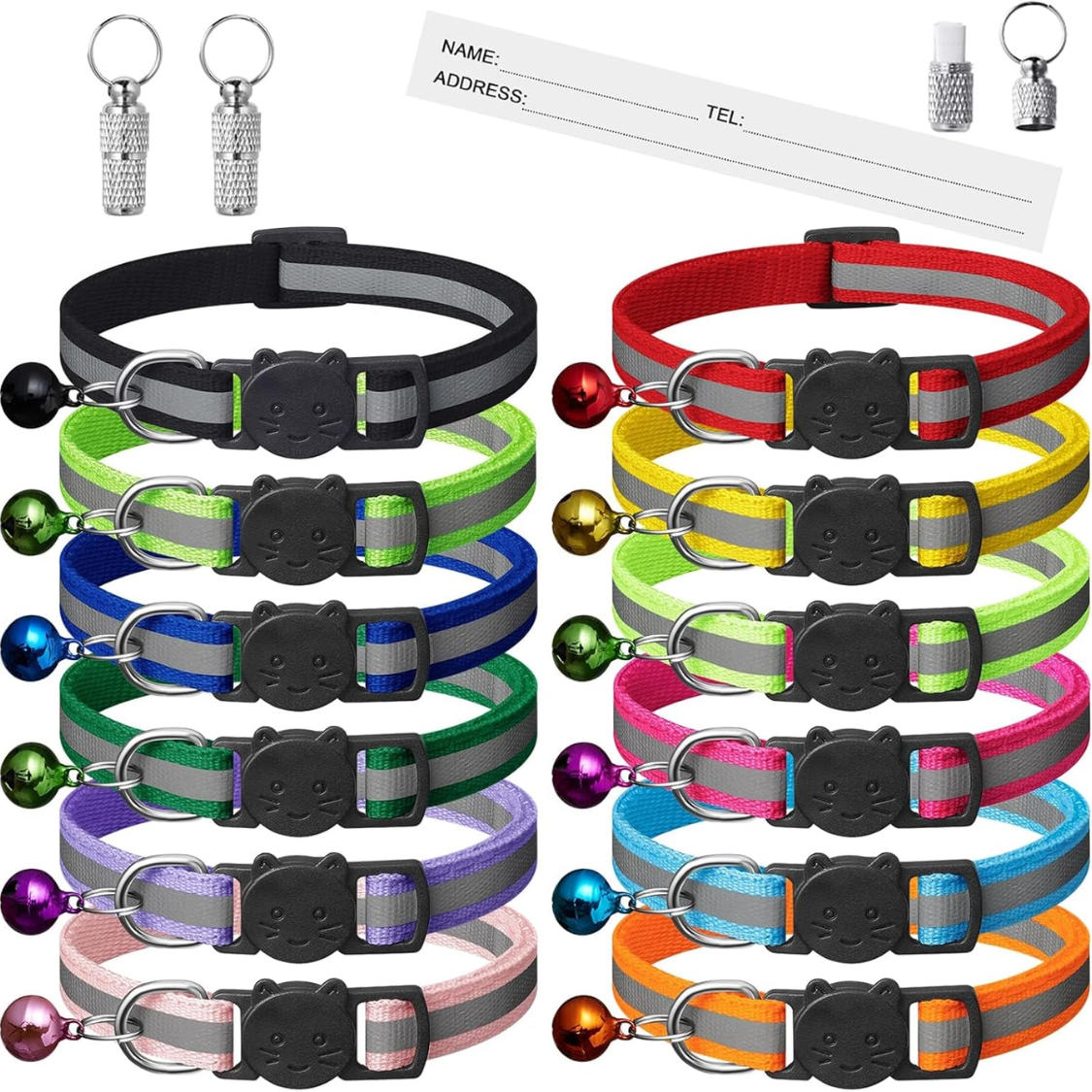 12 Pack Reflective Breakaway Cat Collars With Bells,Safety Buckle Kitten Collar, With Name Tag, Adjustable,Ideal For Gir